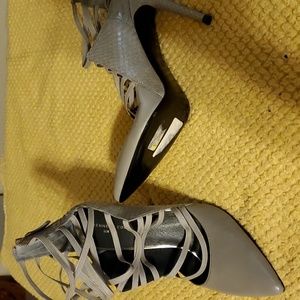 Kenneth Cole grey 4 inch heels with back zipper and stretch lace up in front